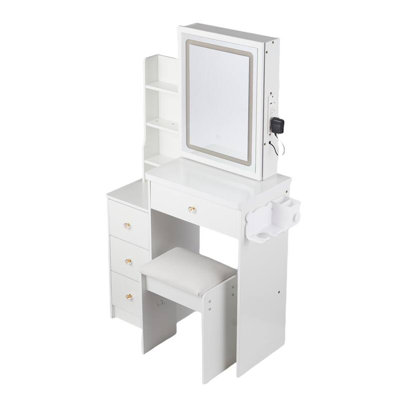 Dressing Table Set, 29.2" Vanity w/ LED Mirror, Charging Station,Stool
