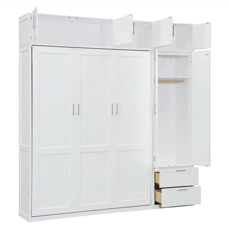Queen Size Murphy Bed Wall Bed with Wardrobe, Top Cabinets and Storage Shelves, Foldable Murphy Cabinet Bed with 2 Drawers