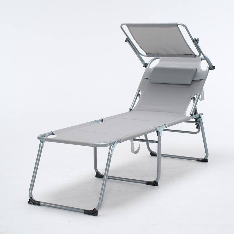 olding Lounge Chair with Canopy, Patio Sun Tanning Chair, Outdoor Reclining Chair with Position Adjustable Backrest for Beach