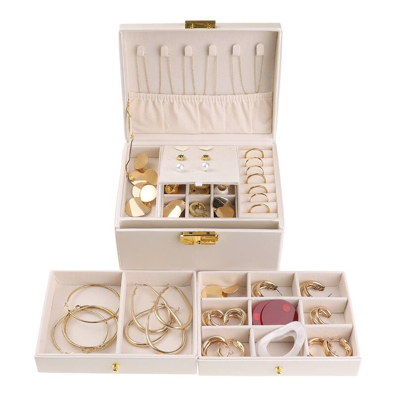 3 Layer Jewelry Box for Women, PU Leather Jewelry Organizer Case Storage Display Holder with Drawer, Removable Jewelry Tray