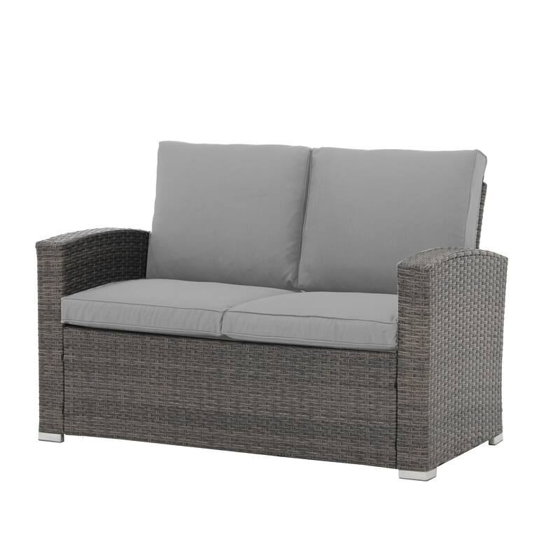 4 Person Patio Rattan Conversation Set with Grey Cushions Outdoor Tempered Glass Table