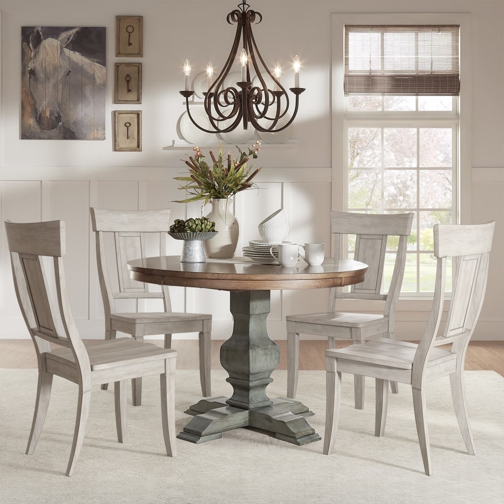 Eleanor Sage Green Round Solid Wood Top Panel Back 5-piece Dining Set by iNSPIRE Q Classic