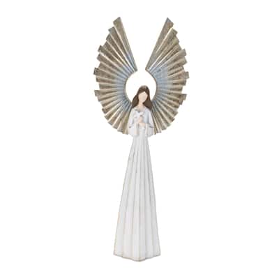 24.75” Tall White and Gold Holiday Angel Statue with Distressed Metal Wings for Mantel or Tabletop - 9.75”L x 4.5”W x 24.75”H