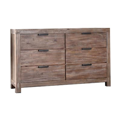 6 Drawer Rustic Style Wooden Dresser with Block Legs, Brown