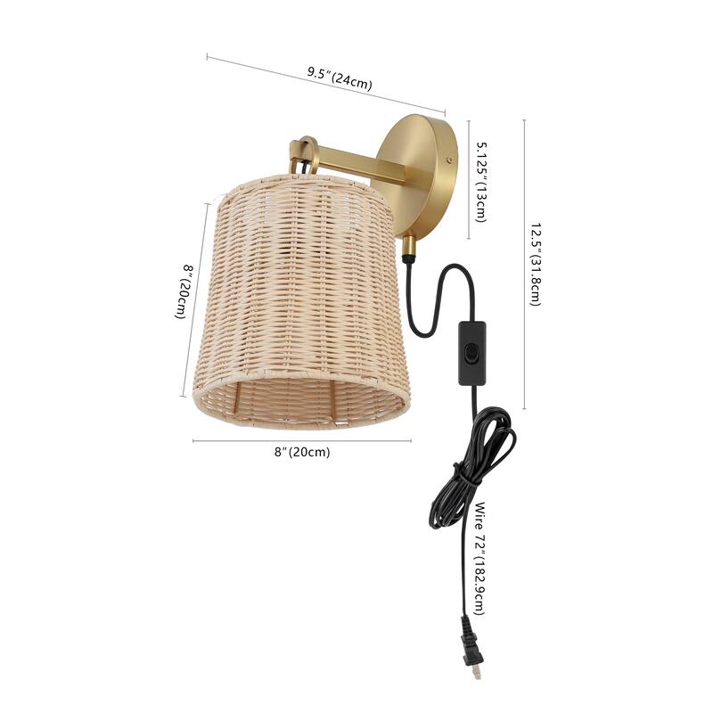 SAFAVIEH Lighting Ciaran Wall Sconce (Set of 2) - Brass/Natural Rattan - 8"W x 10"D x 13"H