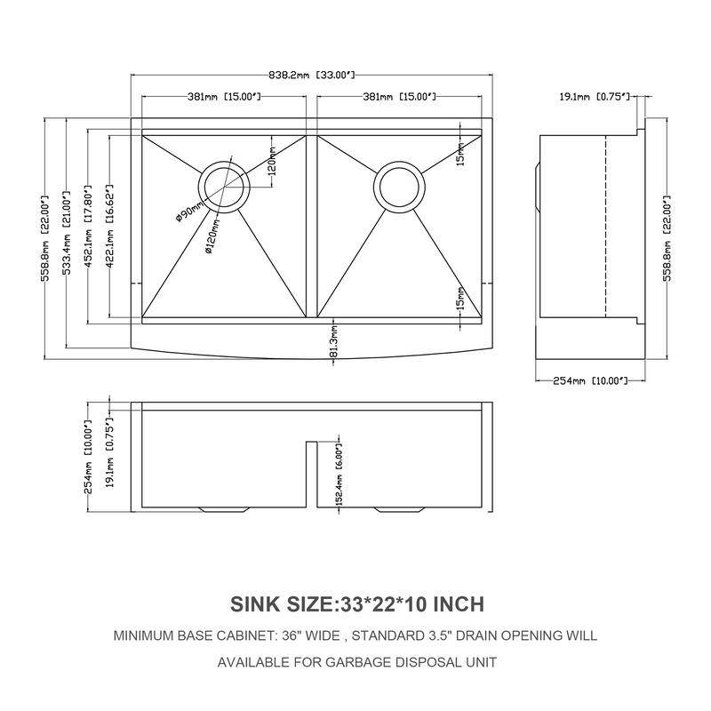 33" Apron Front Ledge Workstation Low Divide Double Bowl 50/50 16 Gauge Stainless Steel Farm Kitchen Sink - 33'' x 22" x 10''