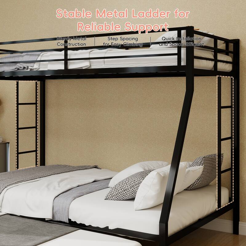 High - Stability Square Tube Bunk Bed, Featuring Ladder & Rolling Trundle, Modern Minimalist Look, Queen