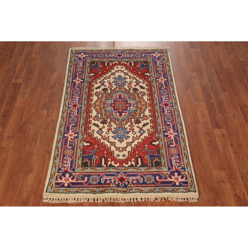 Geometric Heriz Serapi Indian Foyer Rug Handmade Wool Carpet - 3'0"x 4'11"