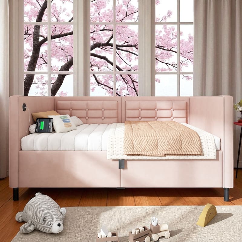 Upholstered Twin Daybed with Hydraulic Storage, USB & Type-C Charging, Velvet Frame with Wooden Slats