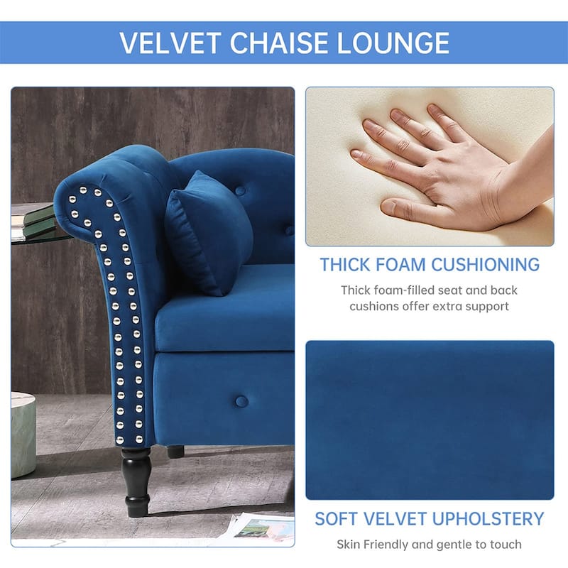 60"W Velvet Tufted Chaise Lounge, Storage Chaise Sofa, Solid Wood Leg - 25"D x 60"W x 27"H