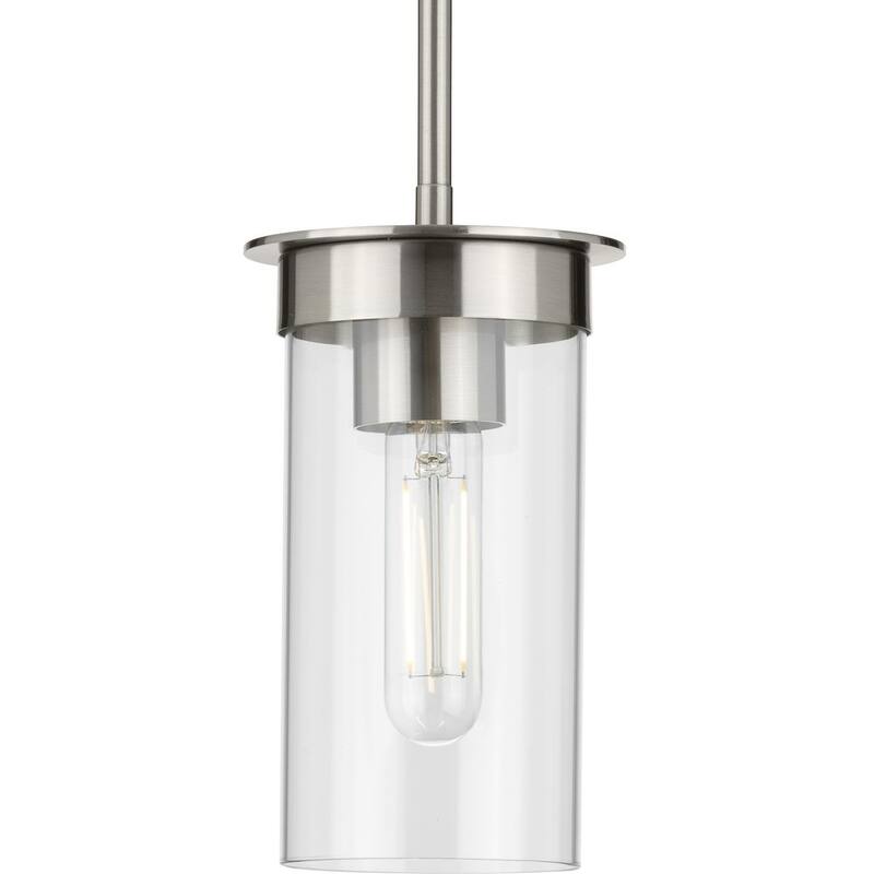 Kellwyn Collection One-Light Brushed Nickel and Clear Glass Transitional Style Hanging Mini-Pendant Light - 5 in x 5 in x 8.875 in