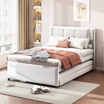 Full Size Upholstery Platform Bed with Trundle,Trundle Can be Flat or Erected, Beige
