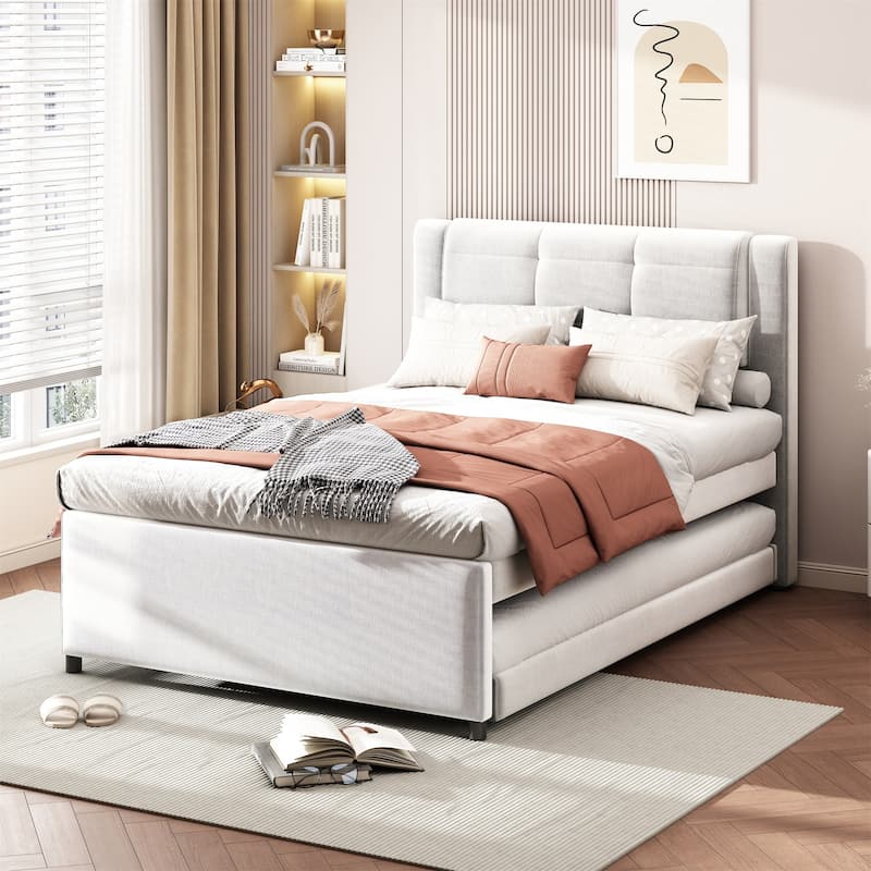Full Upholstery Platform Bed with Trundle,Trundle Can Be Flat or Erected Low Profile Bed with Multi-slat Support for Bedroom - Beige - Full