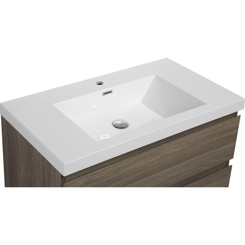 36" Wall-Mounted Floating Bathroom Vanity with Glossy White Resin Sink, Soft Close Drawers, Natural Oak Cabinet