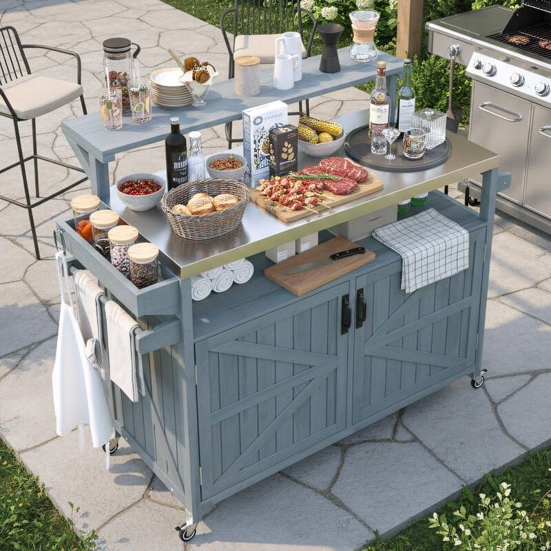 Outdoor Kitchen Island, Solid Wood Storage Cabinet with Stainless Steel Top and Lockable Wheels - Grey Blue