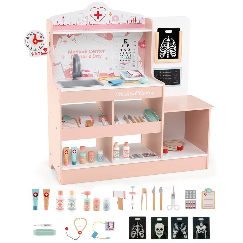 Honeyjoy Wooden Doctor Play Set with Clock Sink Eye Chart ECG Monitor - See Details