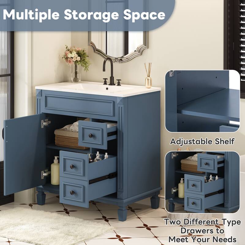 30" Bathroom Vanity with Ceramic Sink Combo, Modern Small Bathroom Storage Cabinet with Drawers & Adjustable Shelf