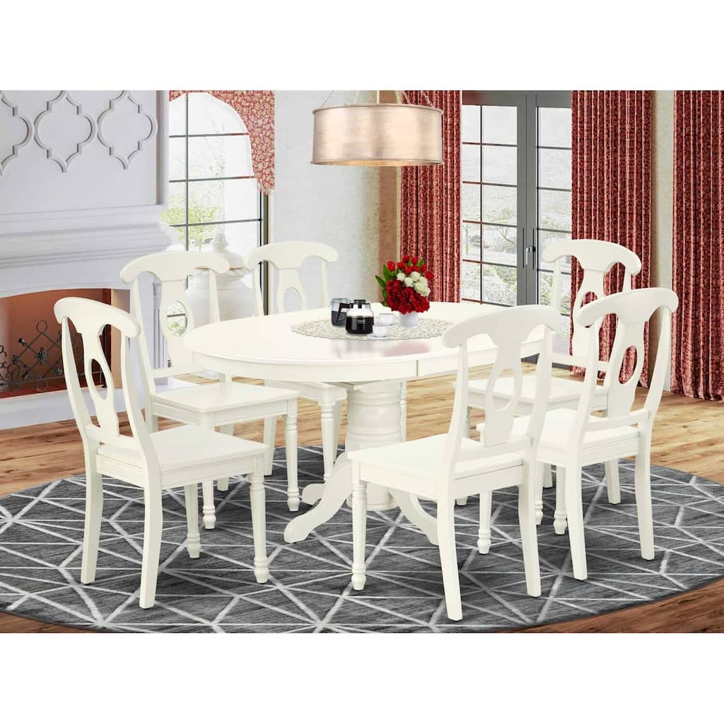 HomeStock 7-Pc Oval Linen White Finish Solid Wood Top Dining Table with 6 Chairs