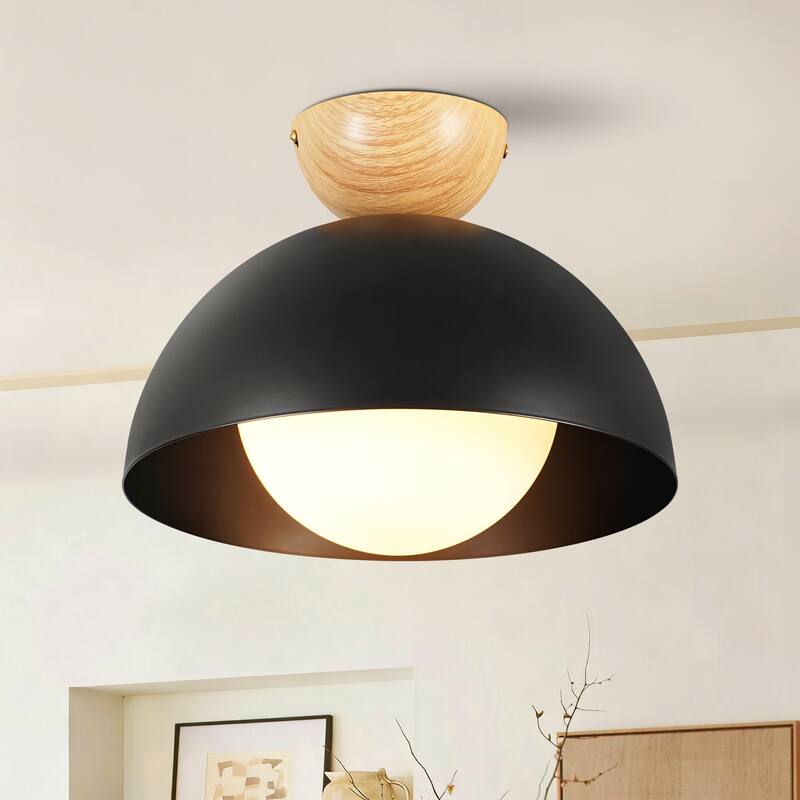 1-Light 11.8" Modern Farmhouse Black Semi-Flush Mount Ceiling Light - 11.8 in. W x 9.84 in. H