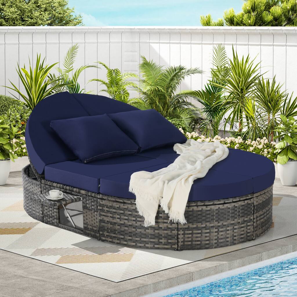 Round Daybed Sunbed with Adjustable Back & Foldable Cup Trays