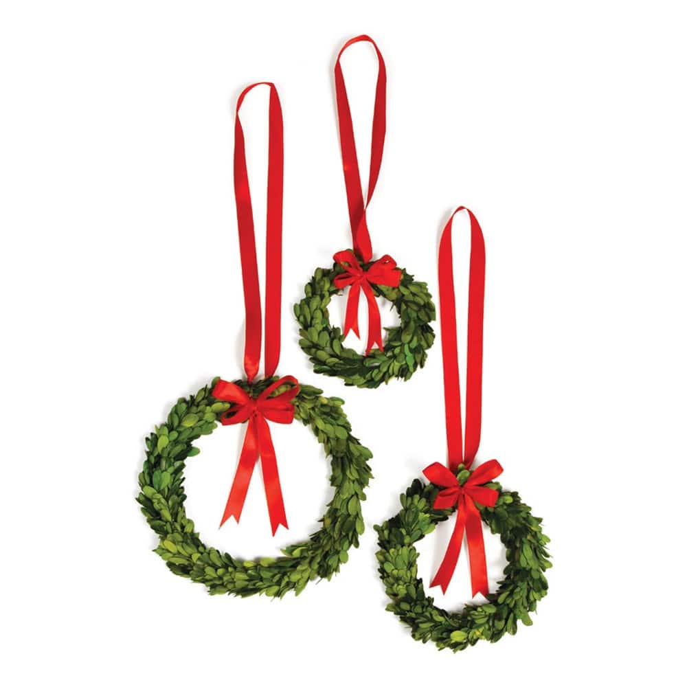 Boxwood Wreaths With Red Ribbons, Set Of 3 - Green