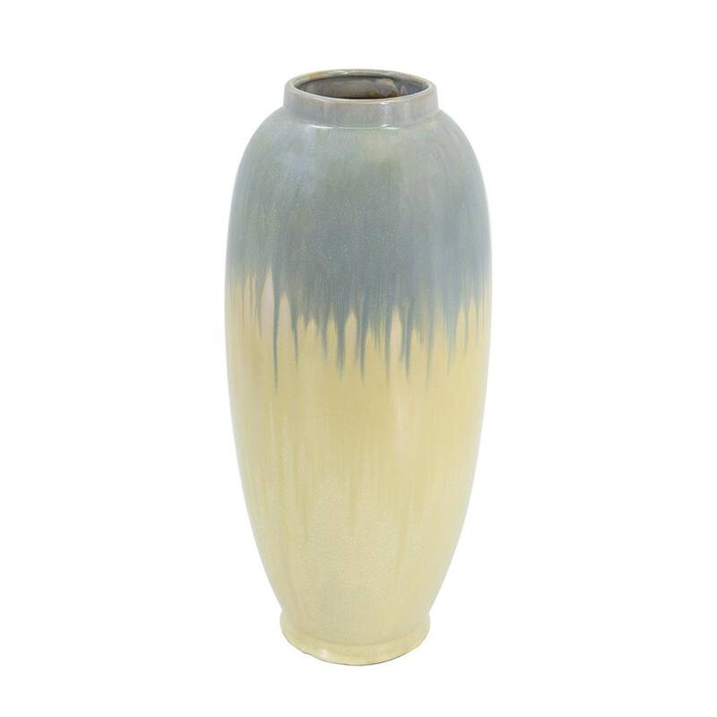 16" Blue And Cream Reactive Glaze Ceramic Cylinder Table Vase - 7.00