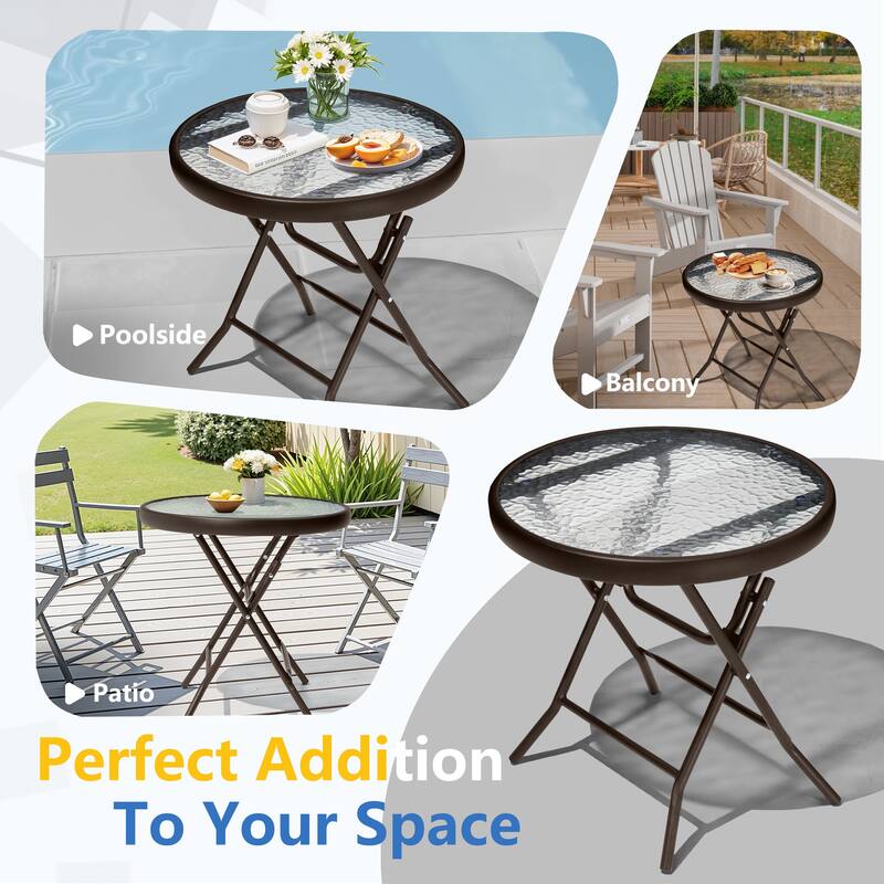 Outdoor Patio Folding Round Table Tempered Glass Top