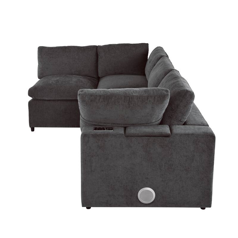 133.9" Polyester Modular Sectional Sofa U-Shaped 4-Seat with Wireless Charging, Bluetooth Speakers and USB Ports