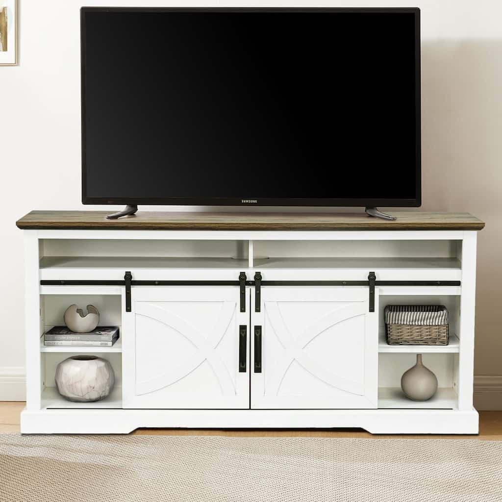 68" Rustic Sliding Barn Door TV Stand White TV Console for 80" TVs