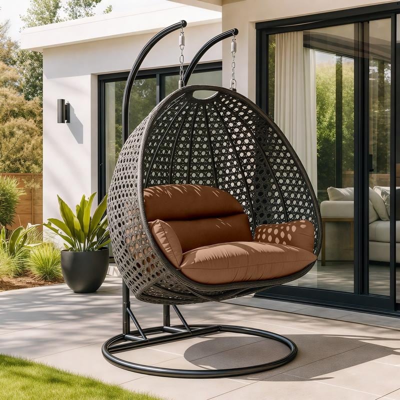 LeisureMod 2-Person Charcoal Wicker Egg Swing - Includes Metal Stand & Cushions - Modern Double Patio Lounger