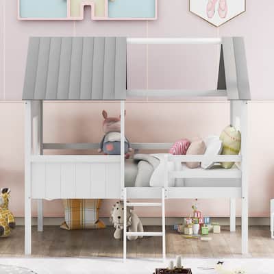 Twin Size Low Loft Wood House bed with Two Side Windows (White+Gray）