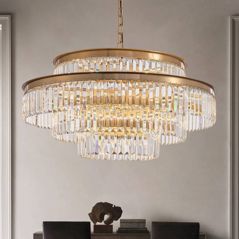 32 in. Drum Modern Crystal Chandelier 4-Tier Gold Brass Kitchen Island Pendant Light for Dining Room - chandelier