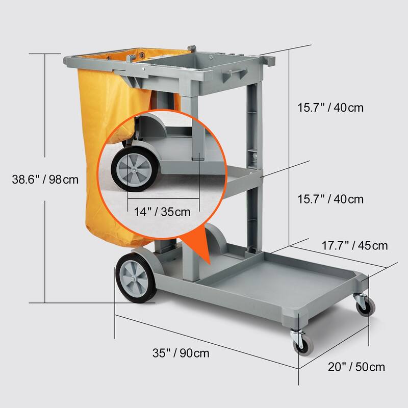 Cleaning Cart, 3-Shelf Commercial Janitorial Cart, 200 lbs Capacity Plastic Housekeeping Cart, with 25 Gallon PVC Bag