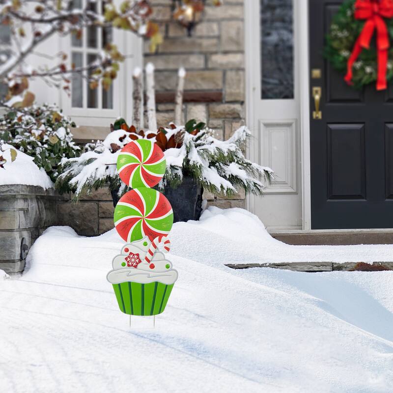 Glitzhome Christmas Metal Dancing Elf Cupcake Candy Cane Yard Stake Wall Decor