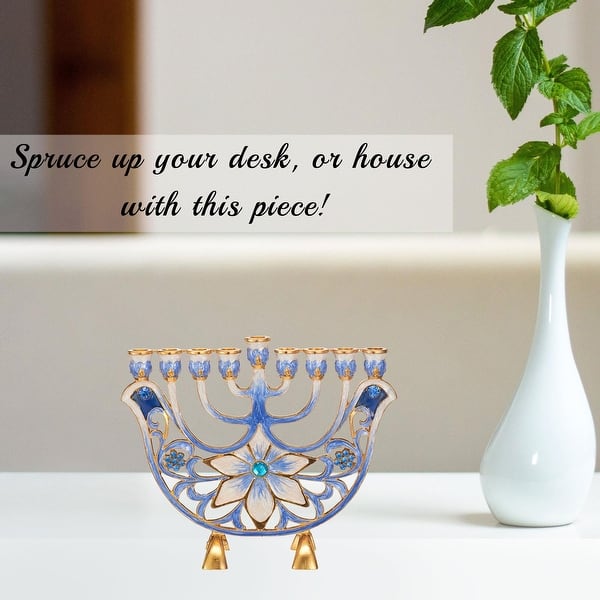 Jewish Holiday Gift Set - Blue & Ivory Flower Menorah & Floral Spinning Dreidel, Hanukkah Bundle, Holiday Decor by Matashi