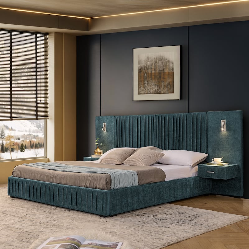 Chenille Upholstered Pleated Platform Bed Frame Wingback Headboard with Side Tables and Adjustable Lamps