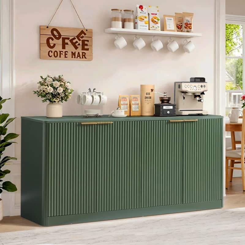Modern 59" Fluted Buffet Sideboard Cabinet with Shelves, TV Stand Storage Cabinet with 4 Wave Doors for Organized Living Spaces