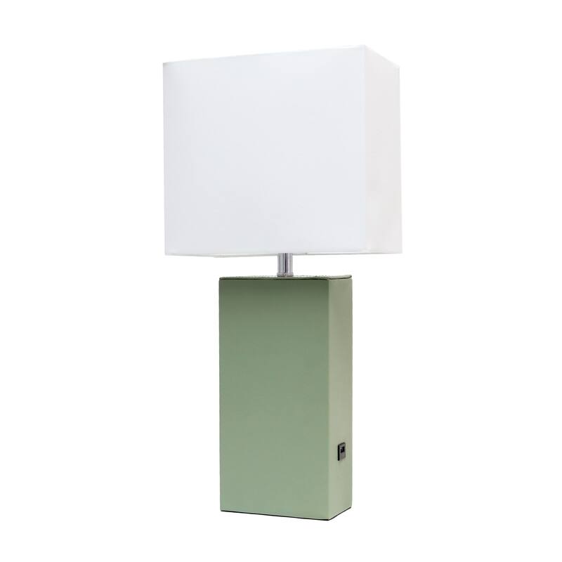 Modern Leather Table Lamp with USB and White Fabric Shade