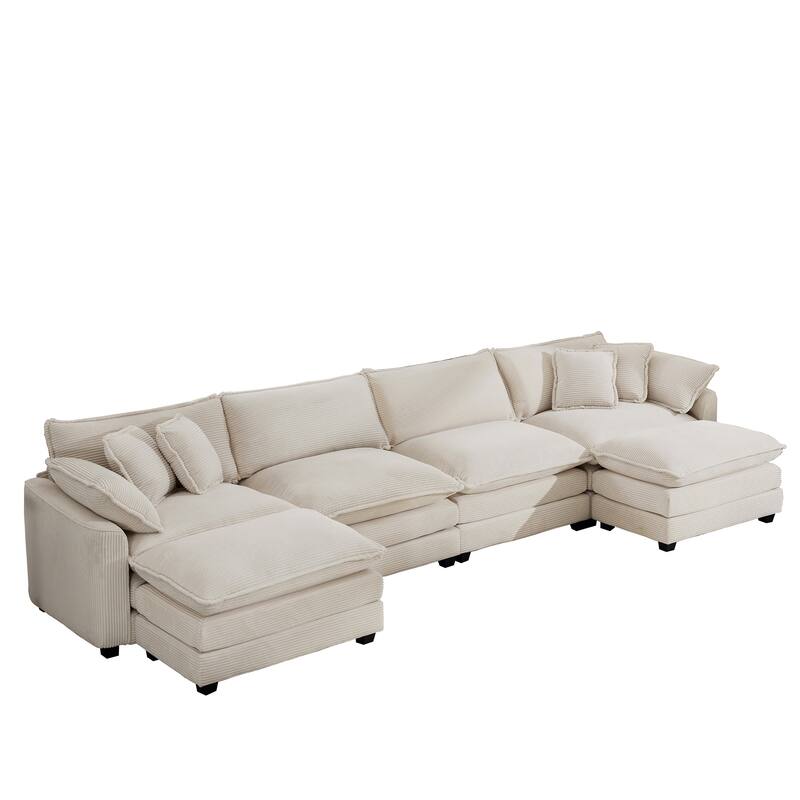 Beige 150" Corduroy Modular U-Shaped Sectional Sofa with 2 Ottomans