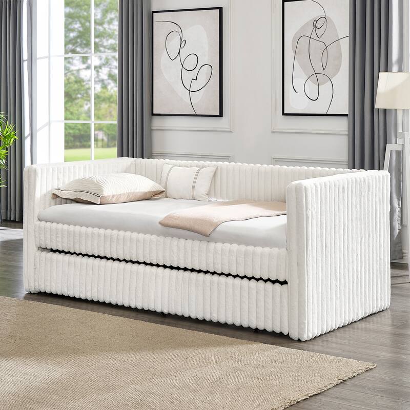 Twin Size Daybed, Upholstered Sofa Bed, The Bottom Pulls out to Form a Bed, Plaid Corduroy Fabric - Beige