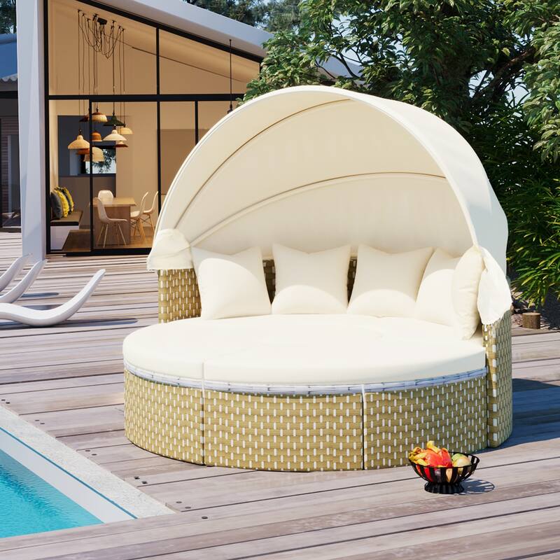Luxury Round Rattan Daybed Patio Sofa Set with Retractable Canopy, Ottoman, Adjustable Table & Cushions