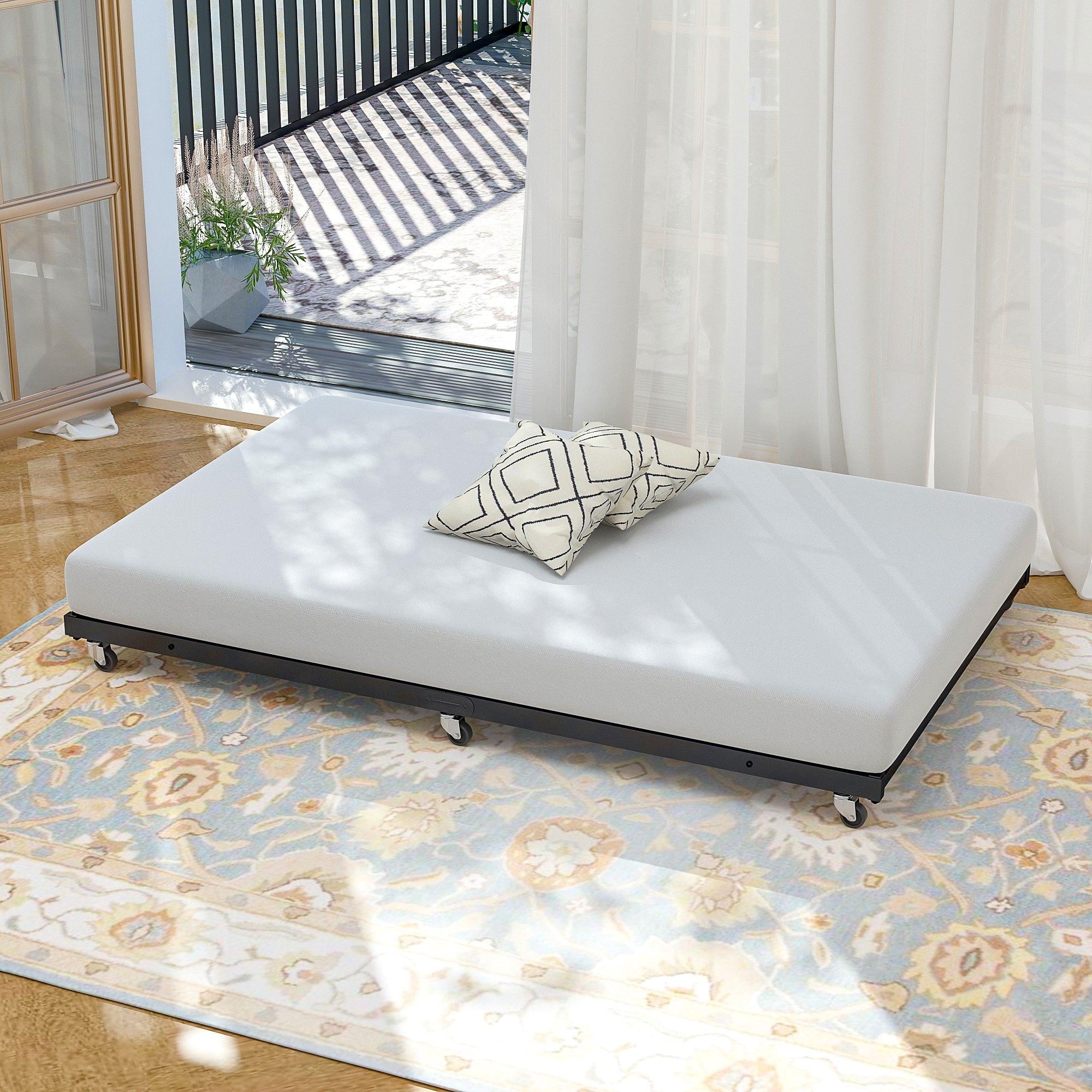 VECELO Twin Size Trundle Bed Frame Heavy Duty Metal 400lbs Capacity Underbed Frame with Locking Wheels Guest Bed for Living Room
