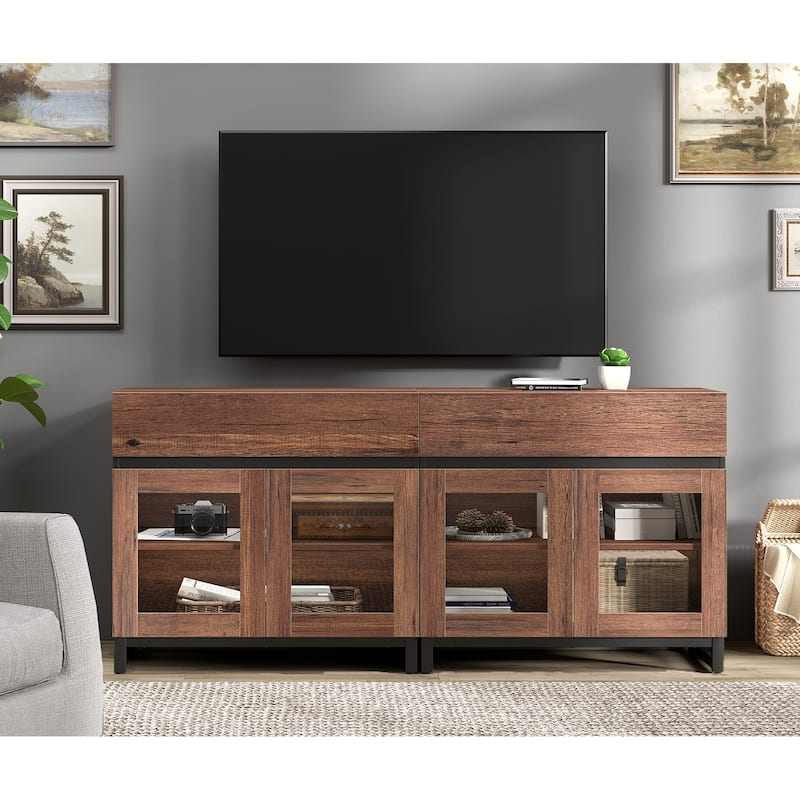 WAMPAT Modern TV Stand with Glass Doors for 110 inch TVs, Entertainment Center Console with 3 Drawers and Metal Base - 63 Inch - Brown