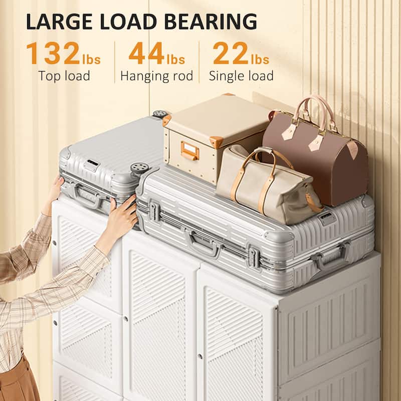 White Wardrobe Armoire Cabinet with 11 Cube Compartments & Hanging Rod, Portable Clothes Storage Organizer for Bedroom