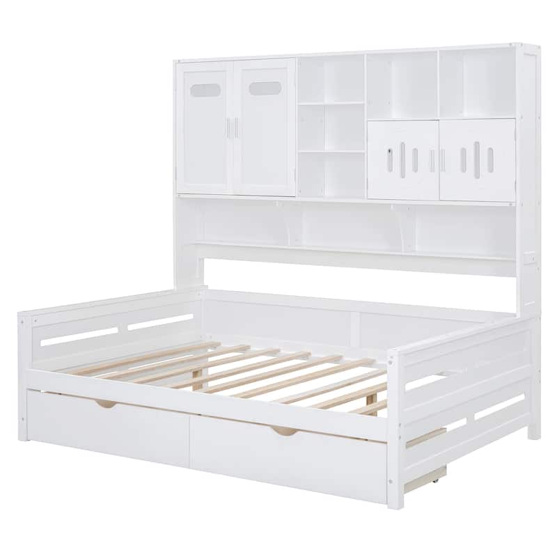 Full Size Wood Daybed with Built-In Cabinet, Bookshelf & 2 Storage Drawers, No Box Spring Needed, Space-Saving Bed Frame
