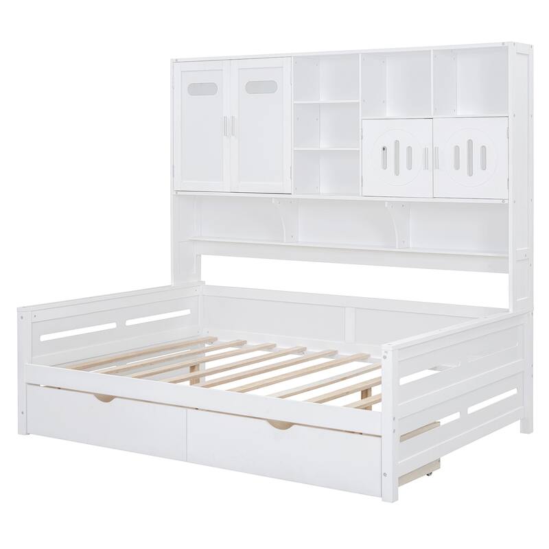 White Full Size Wooden Daybed with Storage Drawers and Built-in Cabinet & Shelf