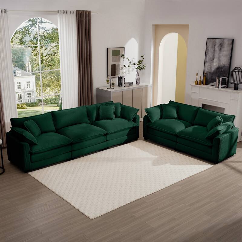 Corduroy Fabric Deep Seat Sofas Set with Throw Pillows, 3+2 Seater Flexible Combinations Sofa with Removable Armrests