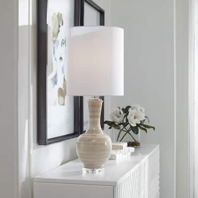 Striped Ceramic Table Lamp with Drum Shade - 33.25" - Beige