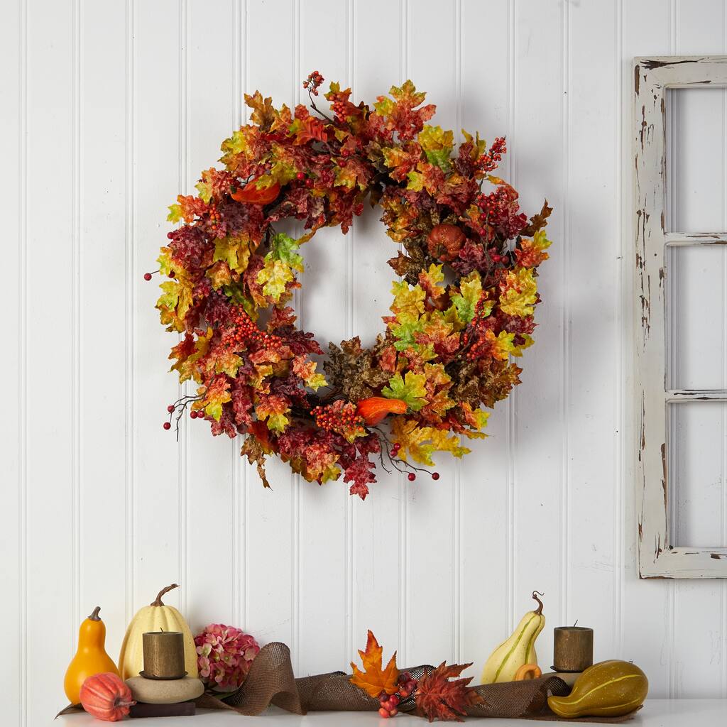 Pumpkin, Berry and Oak Leaf Artificial Fall Harvest Wreath, 32-Inch