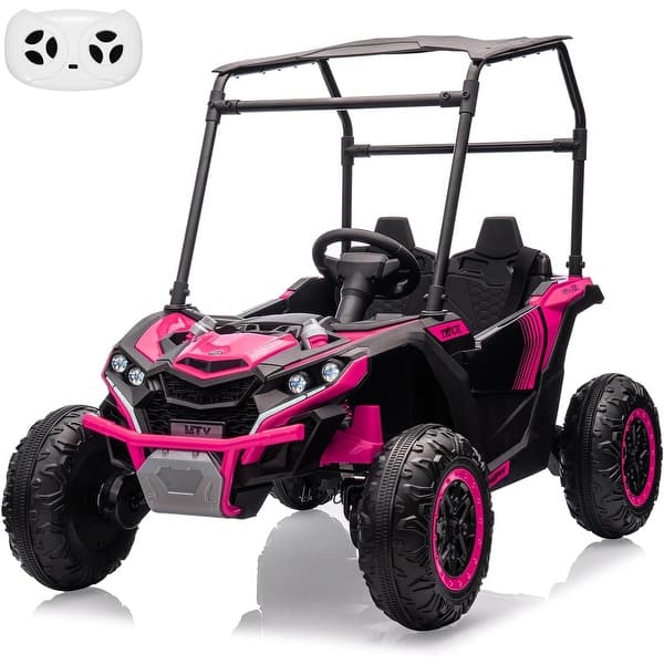 slide 2 of 31, 24V Kids Ride On UTV,2-Seater 4WD Electric Truck with Sun Shade and Remote Control Rose Red